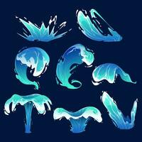 zee of oceaan golven en wervelen. blauw water beweging Effecten, stromen, stromen, morsen en kroon vorm geïsoleerd Aan achtergrond, vloeistof water spatten vector tekenfilm set.