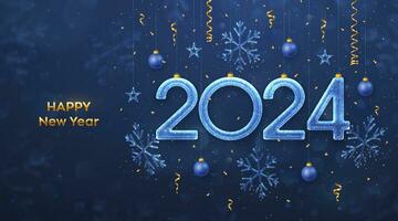 gelukkig nieuw jaar 2024. hangende schitteren ijs getallen 2024 met glinsterende sneeuwvlokken, schijnend sterren, ballen, confetti Aan blauw achtergrond. nieuw jaar groet kaart, banier, folder, poster. vector illustratie.