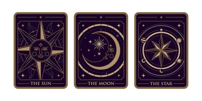 de zon, de maan en de ster tarot kaart illustratie vector. wijnoogst mysticus zon, maan en ster tarot kaart in sier- lijn kunst stijl. esoterisch banier met astrologie stijl. vector