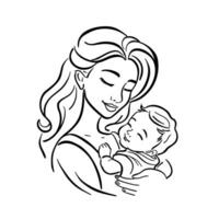 mam rotsen de baby in haar armen. moederschap en kind zorg. vector lineair illustratie Aan wit achtergrond