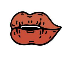 rood lippen vector icoon. hand- getrokken tekening geïsoleerd Aan wit. mooi mond met helder lippenstift. zoet sexy kus, vrouw glimlach. gemakkelijk schetsen, tekenfilm illustratie. vlak clip art voor afdrukken, affiches, web