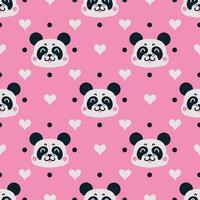 schattig panda gezicht naadloos vector patroon. glimlachen baby beer met harten, polka dots Aan een roze achtergrond. grappig dier, helder backdrop voor meisjes. vlak tekenfilm illustratie voor kleding stof, behang, afdrukken