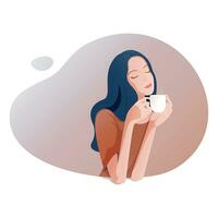 illustratie van vrouw wie geniet drinken heet koffie. kom tot rust tijd. vector