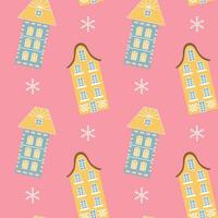 Scandinavisch huizen en sneeuwvlokken roze naadloos patroon. perfect voor kaarten, uitnodigingen, behang, spandoeken, kleuterschool, baby douche, kinderen kamer decoratie. vector