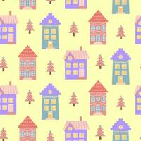 Scandinavisch huizen en roze Kerstmis bomen naadloos patroon. perfect voor kaarten, uitnodigingen, behang, spandoeken, kleuterschool, baby douche, kinderen kamer decoratie. vector