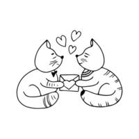 hand- getrokken twee schattig katten in liefde Holding een Valentijnsdag kaart, een liefde brief in hun poten. tekening liefde symbolen vakantie clip art. Valentijnsdag dag concept. geïsoleerd Aan wit achtergrond. vector