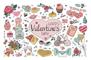 hand- getrokken valentijnsdag dag kleurrijk clip art set. tekening ontwerp elementen van liefde symbolen, schattig karakters, belettering. geïsoleerd Aan wit achtergrond. vector