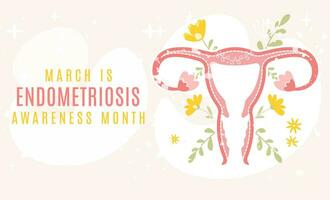 maart is endometriose bewustzijn maand spandoek. mooi baarmoeder Aan bloemen achtergrond. vector illustratie in vlak tekenfilm stijl