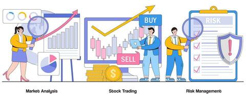 markt analyse, voorraad handel, risico beheer concept met karakter. investering strategieën abstract vector illustratie set. portefeuille diversificatie, risico beoordeling, financieel markt metafoor