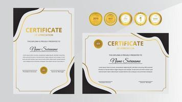 gradiënt gouden en zwarte luxe certificaat met gouden badge set vector