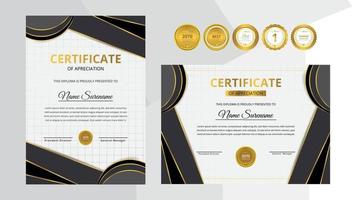 gradiënt gouden en zwarte luxe certificaat met gouden badge set vector