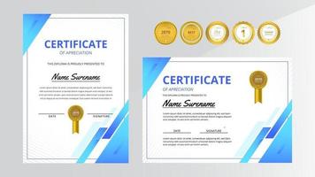 gradiënt blauw luxe certificaat met gouden badge set vector