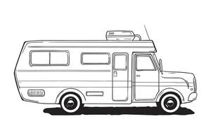 camping caravan. camper, zwart en wit bestelwagen, hand- getrokken illustratie. vector