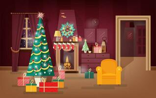 versierd winter vakantie huiskamer illustreren nieuw jaar Cadeau onder Kerstmis boom. kleurrijk vector illustratie.
