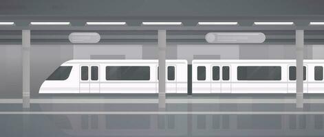 metro, ondergronds platform met modern trein. horizontaal monochroom vector illustratie in vlak stijl.