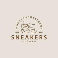 schoen logo, minimalistische lijn stijl sneaker schoen ontwerp gemakkelijk mode Product merk vector