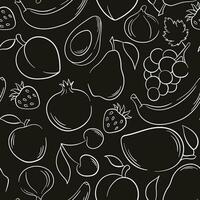 naadloos fruit en bessen patroon in lijn kunst stijl. zwart en wit, tekening, hand- getrokken. vector illustratie Aan een zwart achtergrond.