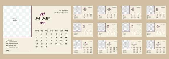 2024 bureau kalender sjabloon met minimaal ontwerp. week begint Aan maandag. mooi zo voor planner, schema, enz. vector