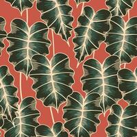 wijnoogst lineair naadloos patroon met alocasia bladeren. tropisch fabriek Aan rood achtergrond. retro stijl botanisch structuur vector