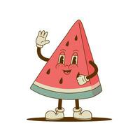 grappig retro tekenfilm watermeloen karakter. glimlachen fruit mascotte vector illustratie. nostalgie jaren 70, 80s