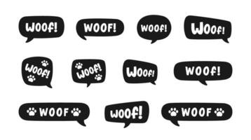 inslag tekst in een toespraak bubbel ballon silhouet set. schattig tekenfilm comics hond schors geluid effect en belettering. vector illustratie.