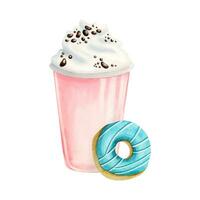 roze milkshake met geslagen room en ronde taling blauw geglazuurd donut vector waterverf illustratie. snel voedsel zoet toetje