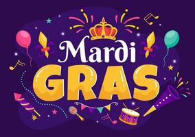 mardi gras carnaval vector illustratie. vertaling is Frans voor dik dinsdag. festival met maskers, maracas, gitaar en veren Aan Purper achtergrond