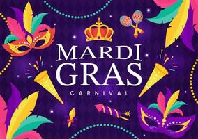 mardi gras carnaval vector illustratie. vertaling is Frans voor dik dinsdag. festival met maskers, maracas, gitaar en veren Aan Purper achtergrond