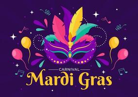 mardi gras carnaval vector illustratie. vertaling is Frans voor dik dinsdag. festival met maskers, maracas, gitaar en veren Aan Purper achtergrond