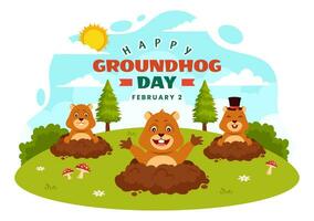 gelukkig groundhog dag vector illustratie Aan februari 2 met een groundhog dier naar voren gekomen van de gat land- en tuin in achtergrond tekenfilm ontwerp