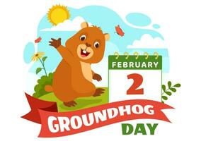 gelukkig groundhog dag vector illustratie Aan februari 2 met een groundhog dier naar voren gekomen van de gat land- en tuin in achtergrond tekenfilm ontwerp