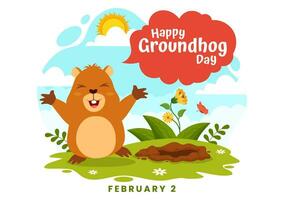 gelukkig groundhog dag vector illustratie Aan februari 2 met een groundhog dier naar voren gekomen van de gat land- en tuin in achtergrond tekenfilm ontwerp