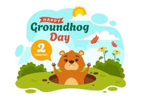 gelukkig groundhog dag vector illustratie Aan februari 2 met een groundhog dier naar voren gekomen van de gat land- en tuin in achtergrond tekenfilm ontwerp