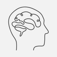 menselijk hersenen in hoofd lijn icoon. hand- getrokken afbeelding. vector