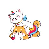 tekenfilm schattig caticorn kat en shiba inu hond puppy vector