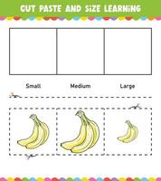aan het leren maten besnoeiing en Plakken gemakkelijk werkzaamheid werkblad spel voor kinderen met banaan vector