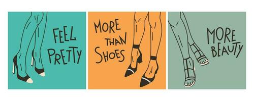 reeks van vector mode banners met opschrift meer schoonheid, meer dan schoenen, voelen mooi. Dames poten in modieus klassiek hoog hiel- schoenen. schoen reclame poster sjabloon.