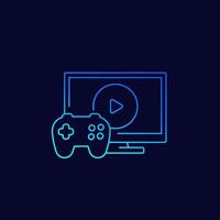 videospelletjespictogram met gamepad en tv, lineaire vector