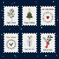 reeks van Kerstmis postzegels reeks met hulst lauwerkrans, Spar boom, en andere Kerstmis symbolen vector