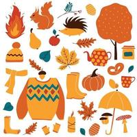 herfst set. gele en oranje vallende bladeren, fruit, dieren, pompoen vector