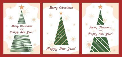 Kerstmis en nieuw jaar poster reeks met gestileerde vlak Spar bomen, sneeuwvlokken, vuurwerk en tekst groet. vector illustratie, uitnodiging, decoratief ansichtkaarten.