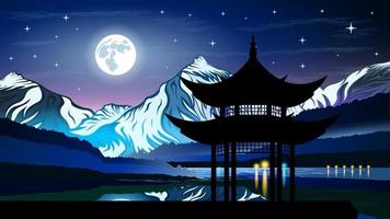 pagode en bergen nacht landschap cartoon vector
