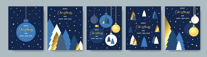 Kerstmis en nieuw jaar kaarten. reeks van kaarten met Kerstmis bomen en ballen. groet kaart, banier, poster. vector