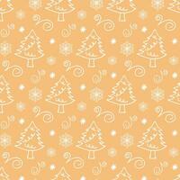 winter naadloos patroon met Spar bomen en sneeuwvlokken Aan een geel achtergrond. tekening stijl. patroon Aan de swatch paneel. vector