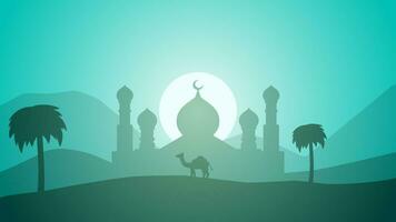 moskee silhouet landschap vector illustratie. Ramadan landschap ontwerp grafisch in moslim cultuur en Islam geloof. moskee panorama voor illustratie, achtergrond of behang