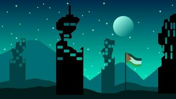 Palestina landschap vector illustratie. silhouet van vernietigd stad Bij nacht met Palestina vlag. landschap illustratie van Palestina voor achtergrond of behang