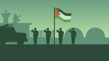 Palestina leger baseren landschap vector illustratie. silhouet van leger groet naar Palestina vlag in leger baseren. leger illustratie voor achtergrond, behang, kwestie en conflict