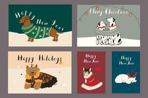 Kerstmis hond winter vector ansichtkaarten ontwerp set.