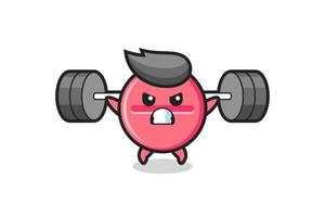 medicijn tablet mascotte cartoon met een barbell vector