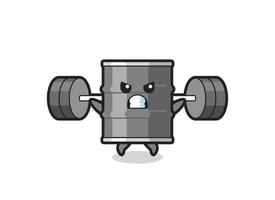 olie drum mascotte cartoon met een barbell vector